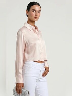 Robertson & Rodeo High Low Blush Satin Crop Button Down Shirt NWT Size Small